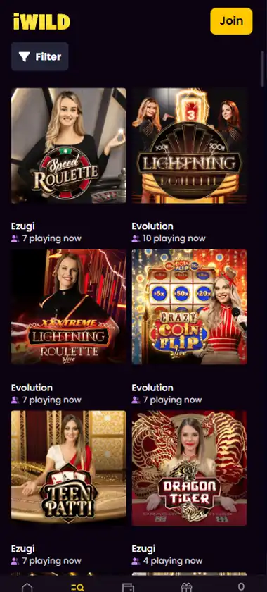 iWild Casino mobile live casino interface screenshot showing live dealer tables including blackjack and roulette - tested