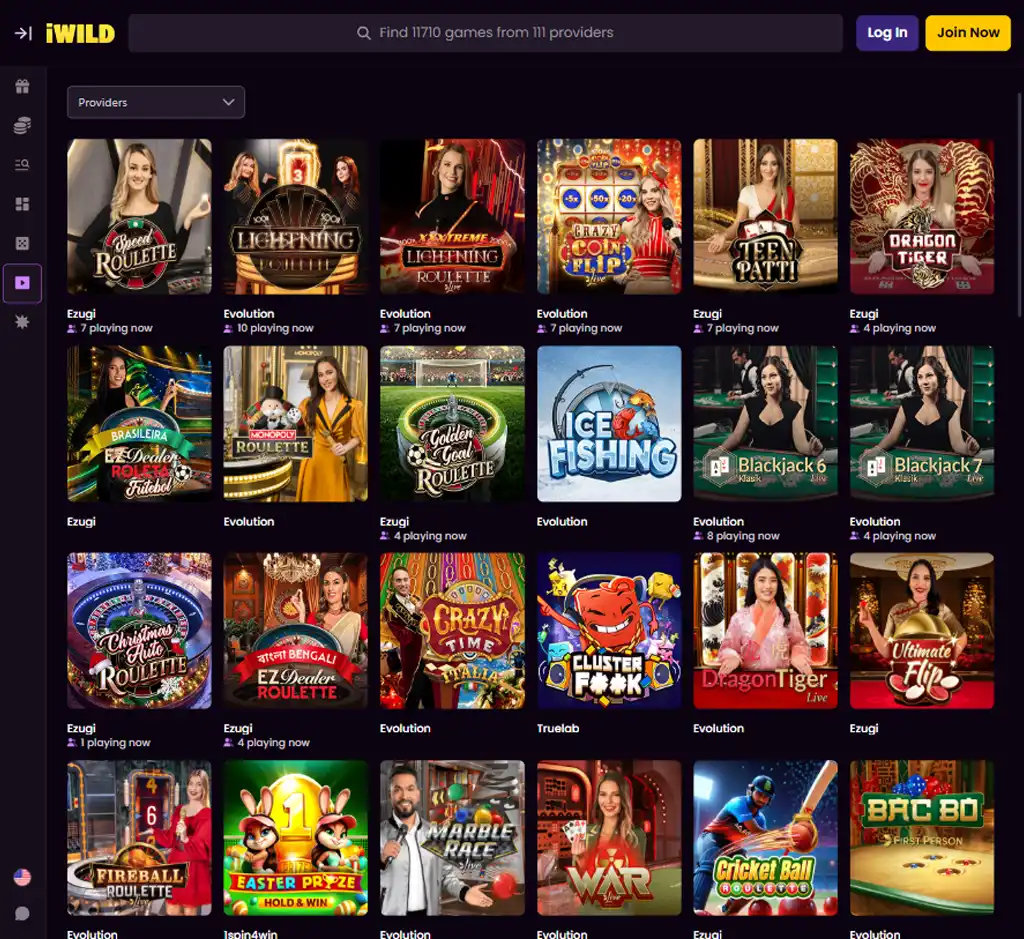 iWild Casino desktop live casino lobby screenshot featuring live dealer games and real-time streaming interface - review testing