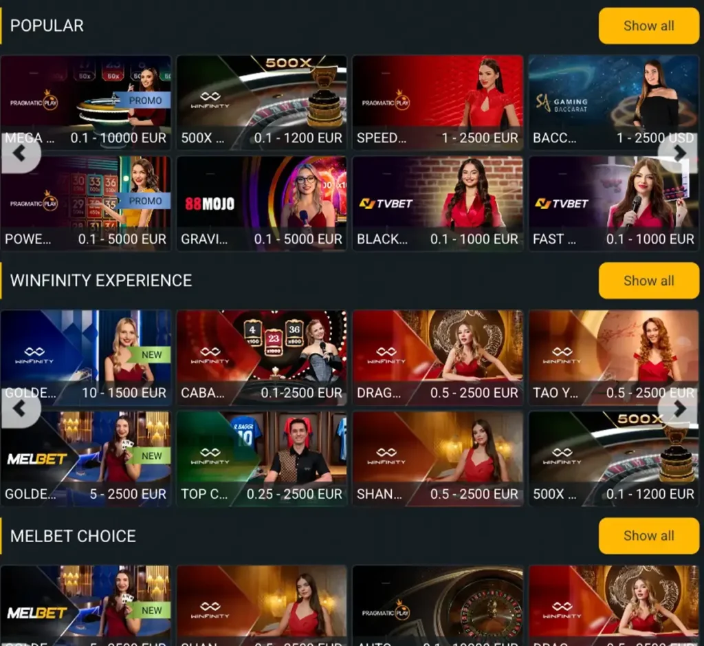 Melbet Casino desktop live casino lobby screenshot featuring live dealer games and real-time streaming tables - Testing