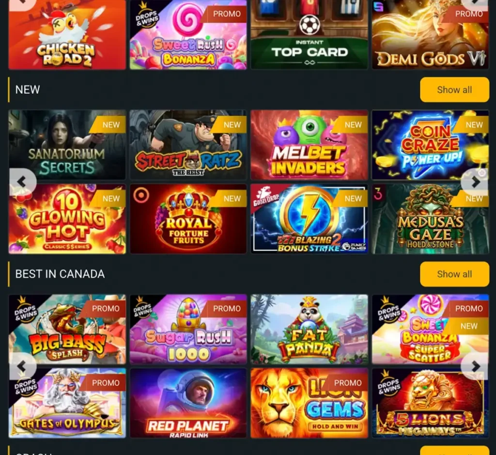 Melbet Casino desktop slots lobby screenshot presenting variety of slot games with categories and providers - Tested