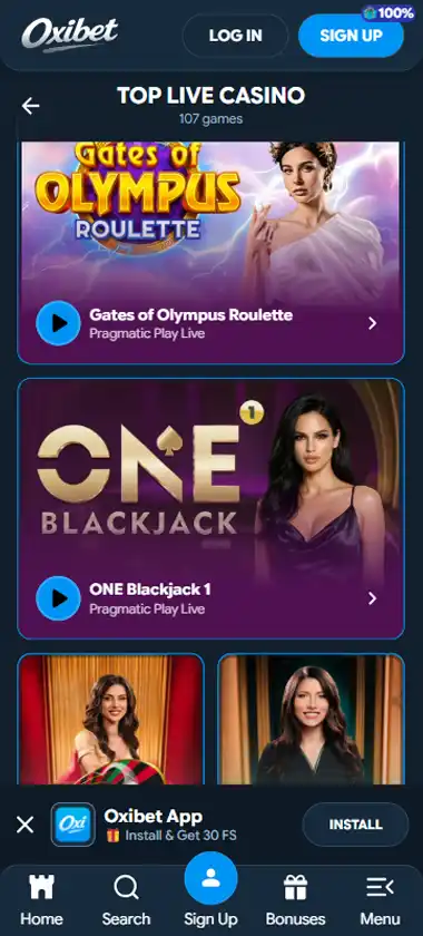 Oxibet Casino mobile live casino interface screenshot showing live dealer tables including blackjack and roulette - Tested