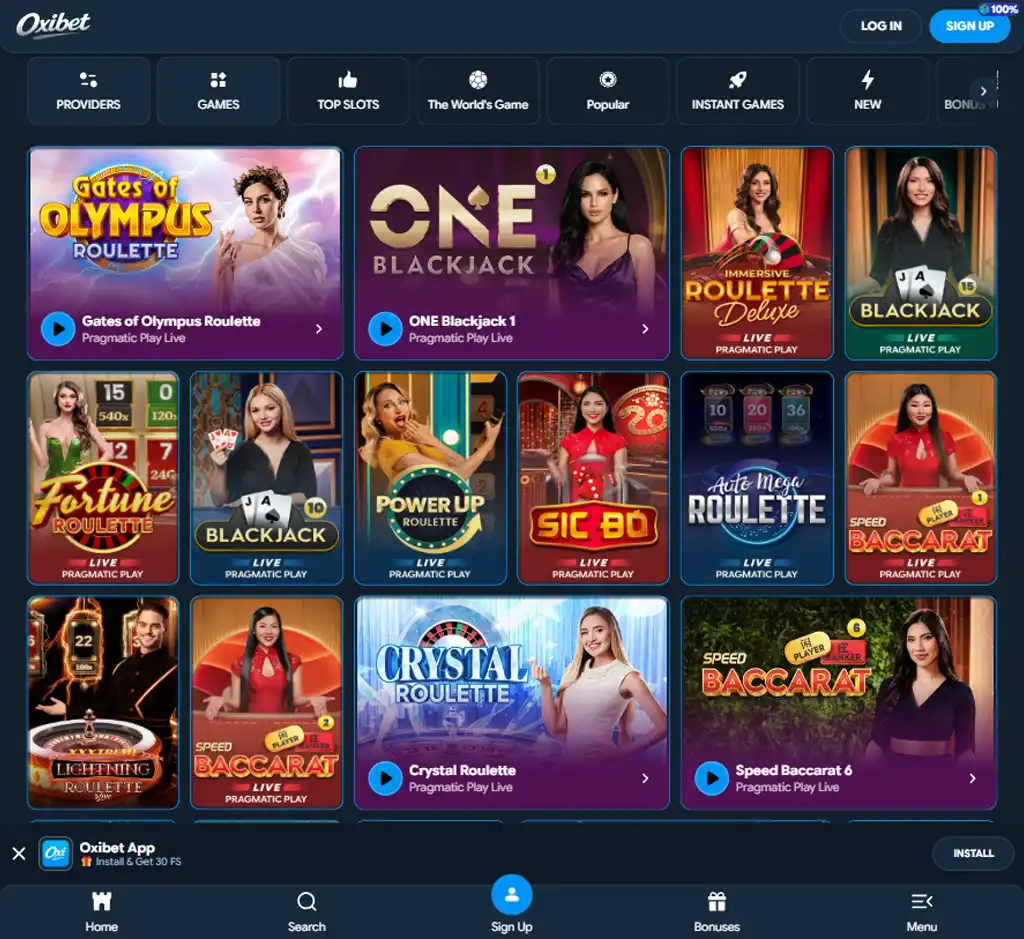 Oxibet Casino desktop live casino lobby screenshot featuring live dealer games and real-time streaming interface - Tested