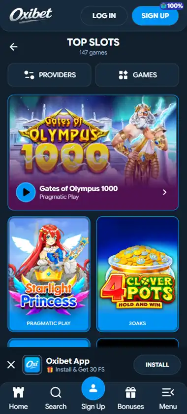 Oxibet Casino mobile slots interface screenshot showing slot game selection with popular titles and filtering options - Tested