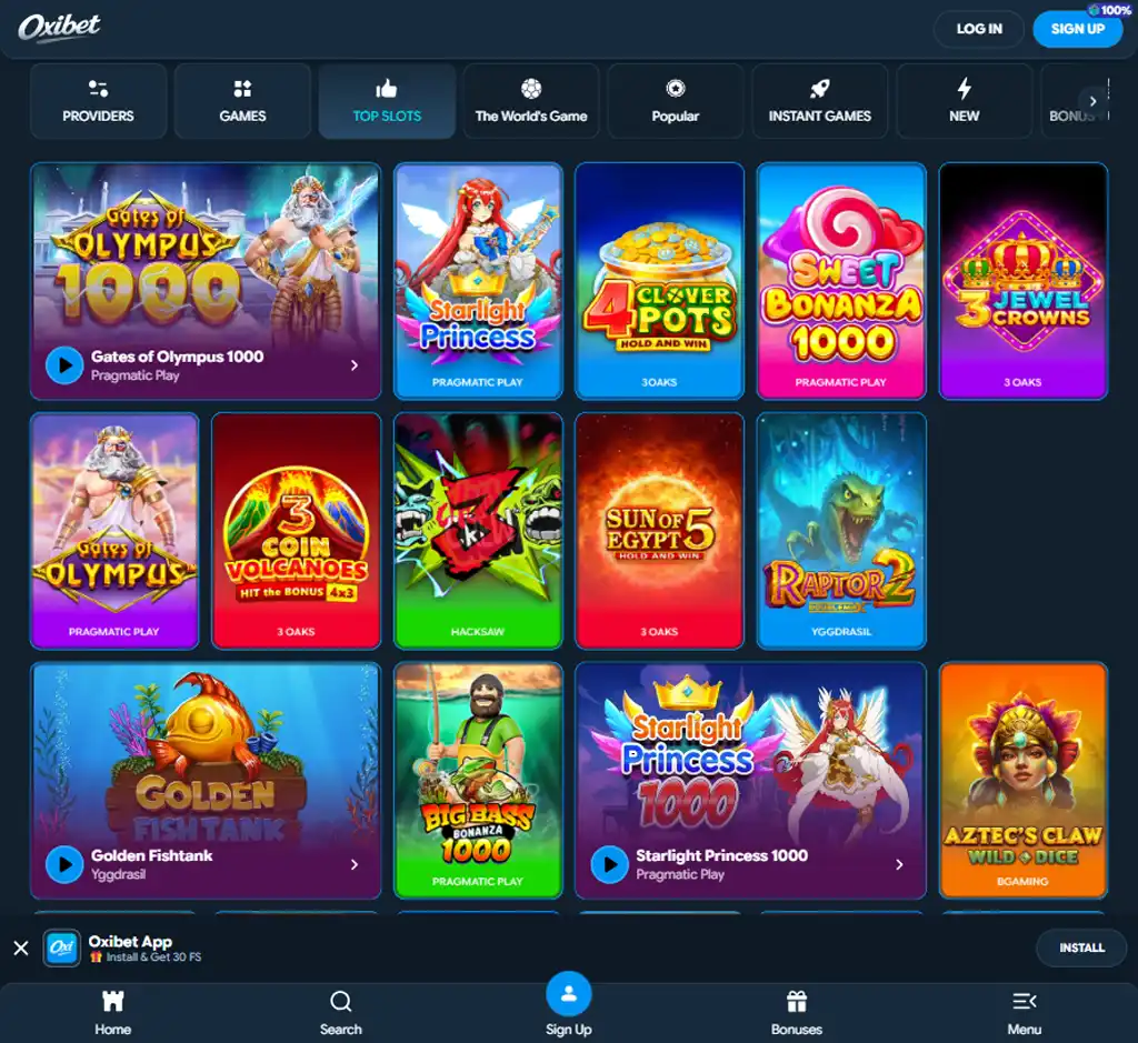 Oxibet Casino desktop slots lobby screenshot presenting variety of slot games with categories and providers - Tested