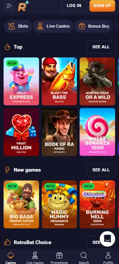 Retrobet Casino mobile homepage screenshot showing main lobby with featured games and promotions   captured during platform testing
