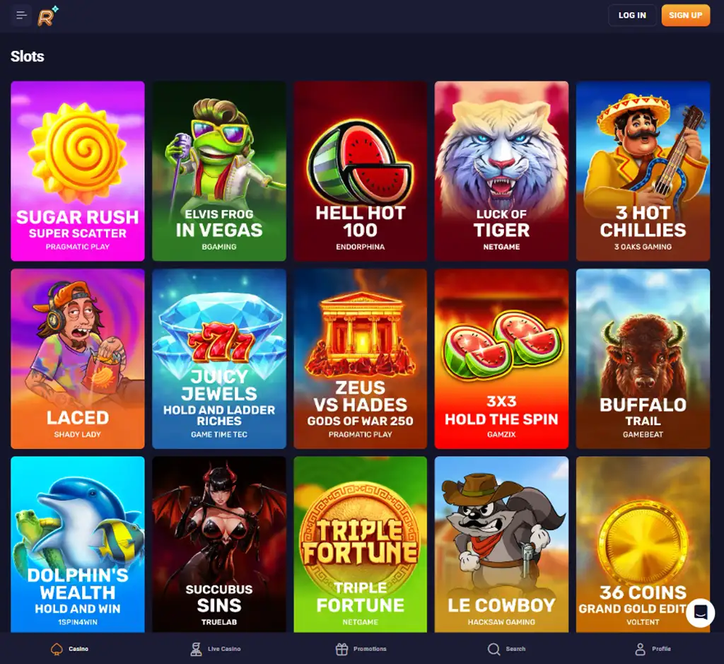 Retrobet Casino desktop slots lobby screenshot presenting variety of slot games with categories and providers   verified