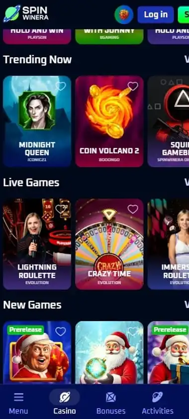 Spinwinera Casino mobile homepage screenshot showing main casino lobby with featured games and promotions   captured during platform testing