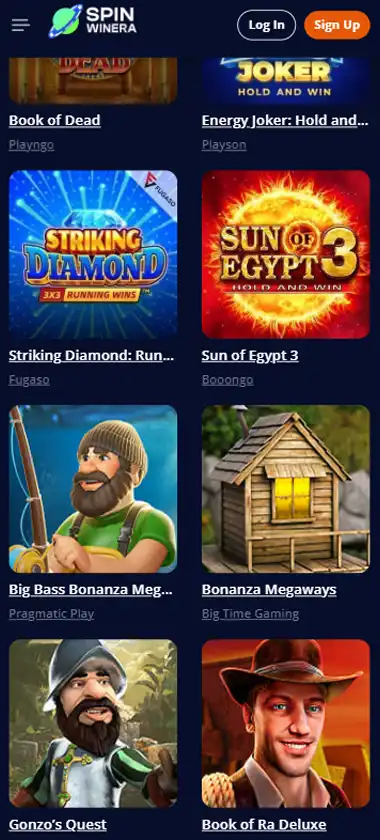 Spinwinera Casino mobile slots interface screenshot showing slot game selection with popular titles and filtering options   captured during platform testing
