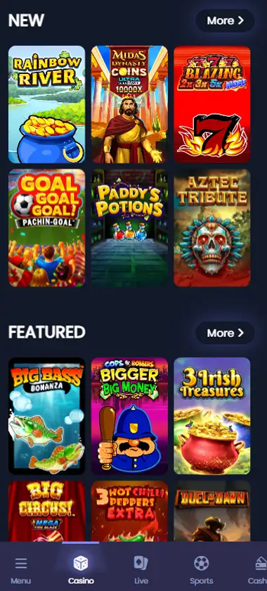 Spinzwin Casino mobile homepage screenshot showing main lobby with featured games and promotions - captured during platform testing