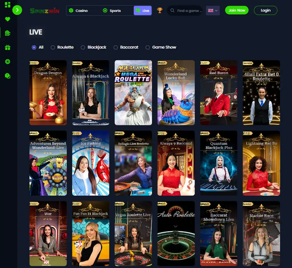 Spinzwin Casino desktop live casino lobby screenshot featuring live dealer games and real-time streaming interface - review testing