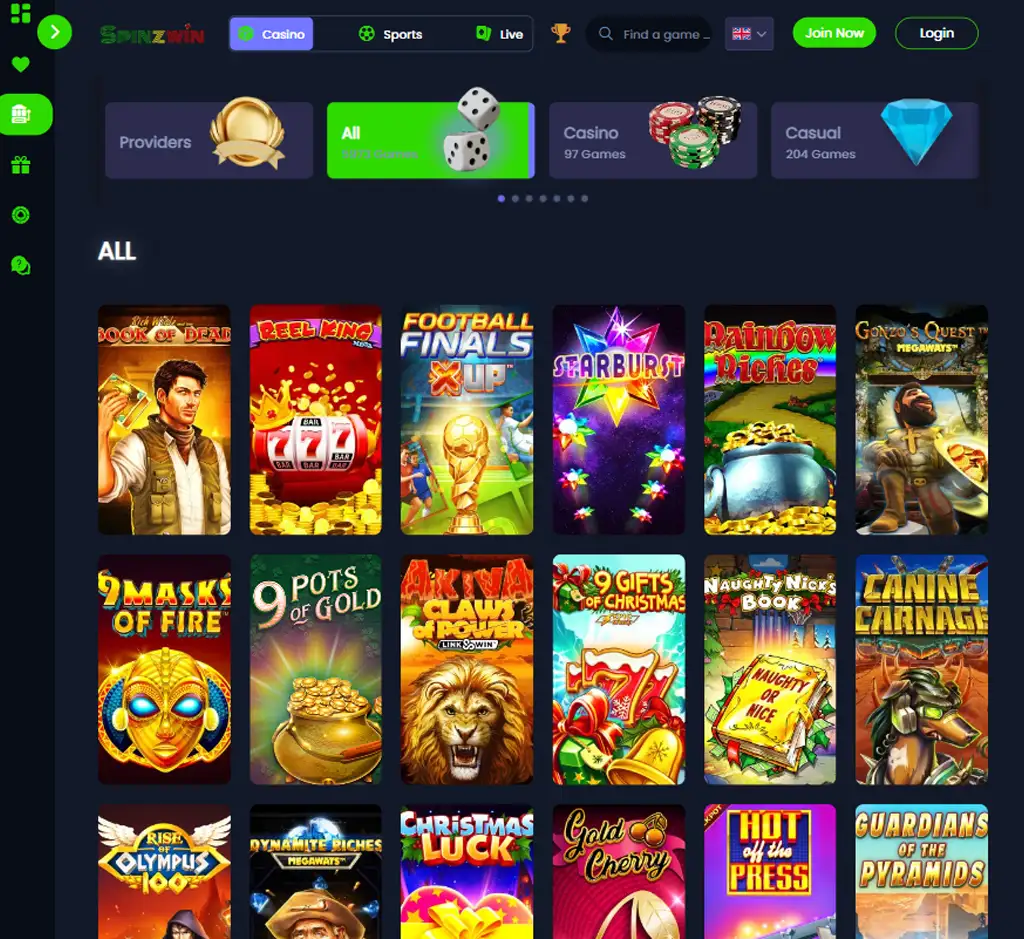 Spinzwin Casino desktop slots lobby screenshot presenting variety of slot games with categories and providers - verified
