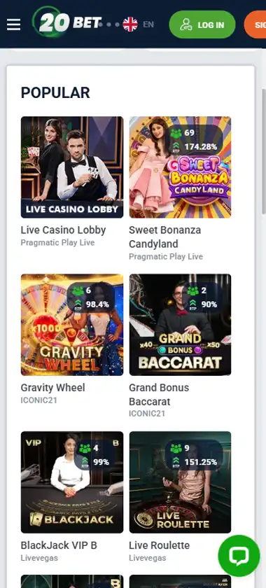 20Bet Casino mobile live casino interface screenshot showing live dealer tables including blackjack and roulette - tested