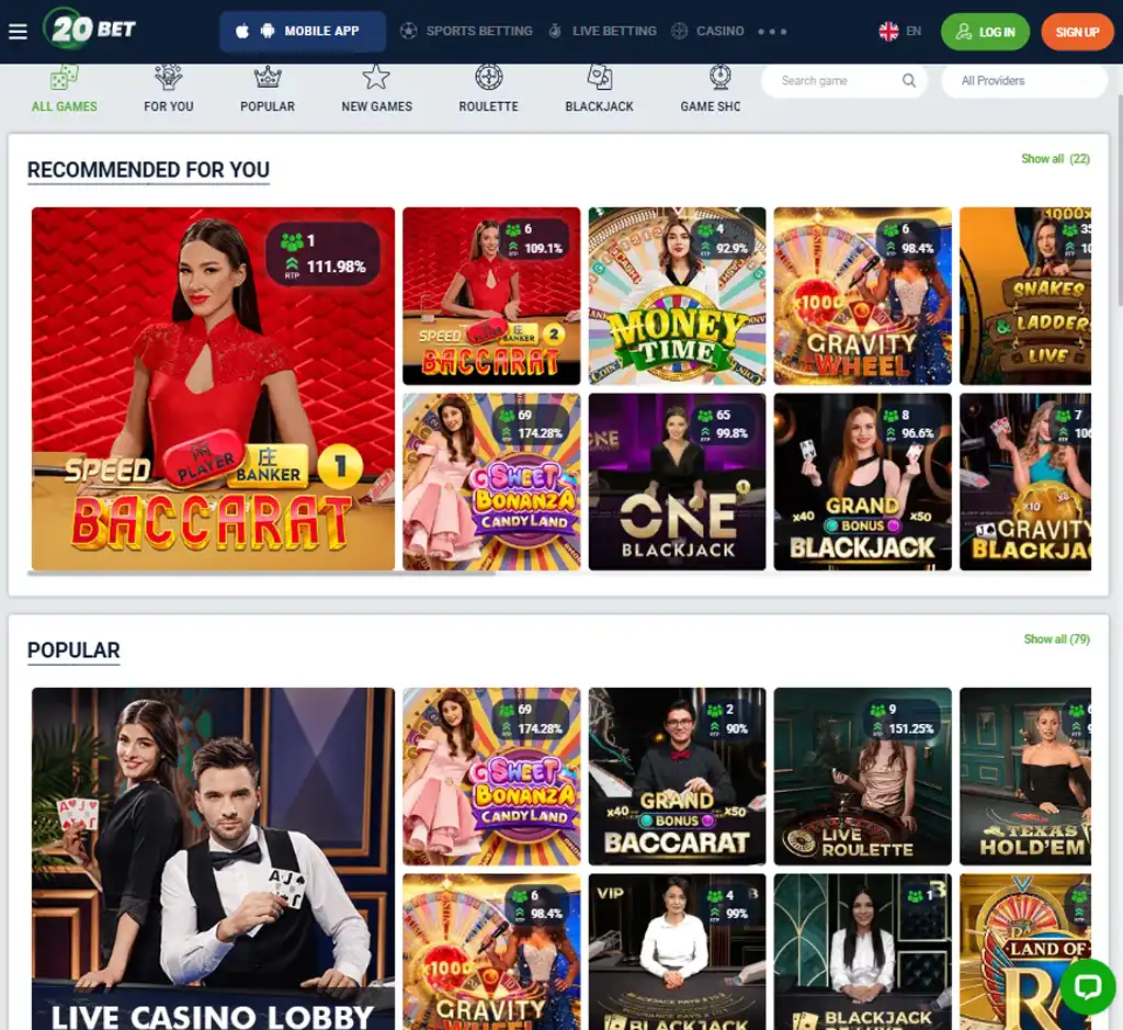 20Bet Casino desktop live casino lobby screenshot featuring live dealer games and real-time streaming interface - review testing