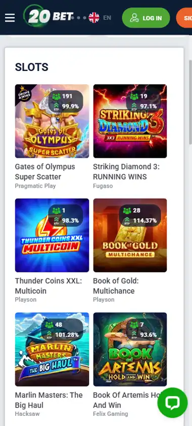 20Bet Casino mobile slots interface screenshot showing slot game selection with popular titles and filtering options - captured during platform testing