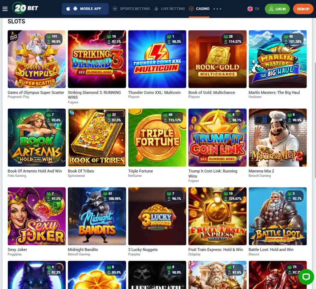 20Bet Casino desktop slots lobby screenshot presenting variety of slot games with categories and providers - verified