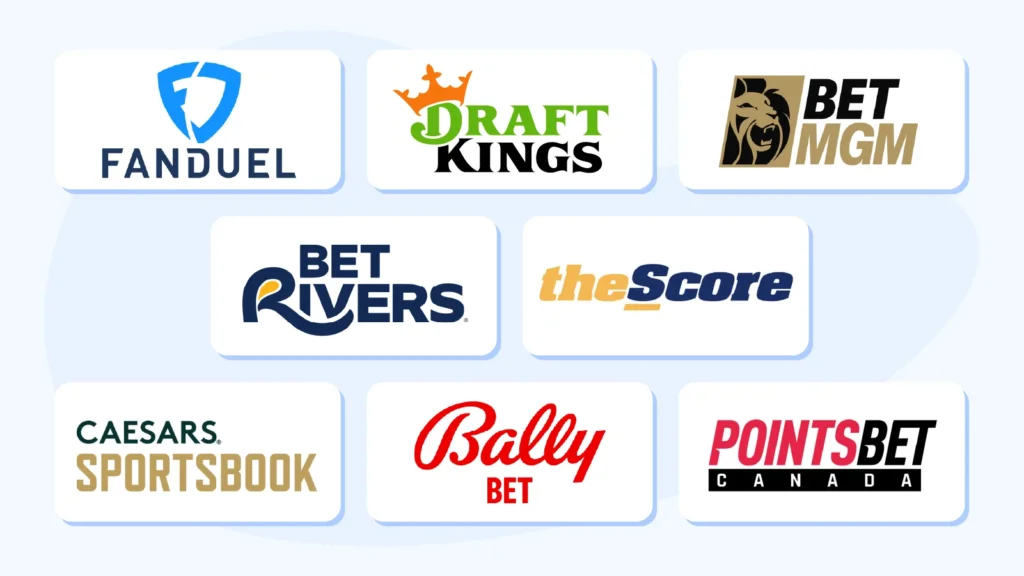 Grid of licensed operators available in Alberta at July 13, 2026 launch, including FanDuel, DraftKings, BetMGM, BetRivers, theScore Bet, Caesars, BallyBet, PointsBet, and PlayAlberta.