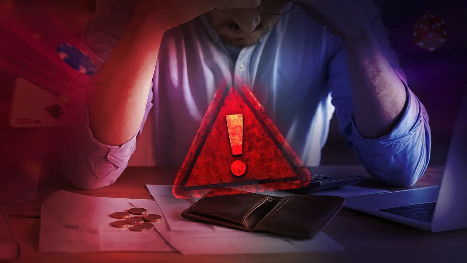 Illustration showing a person's financial struggles due to gambling addiction with visual cues like empty wallet, stacked bills, and credit card statements