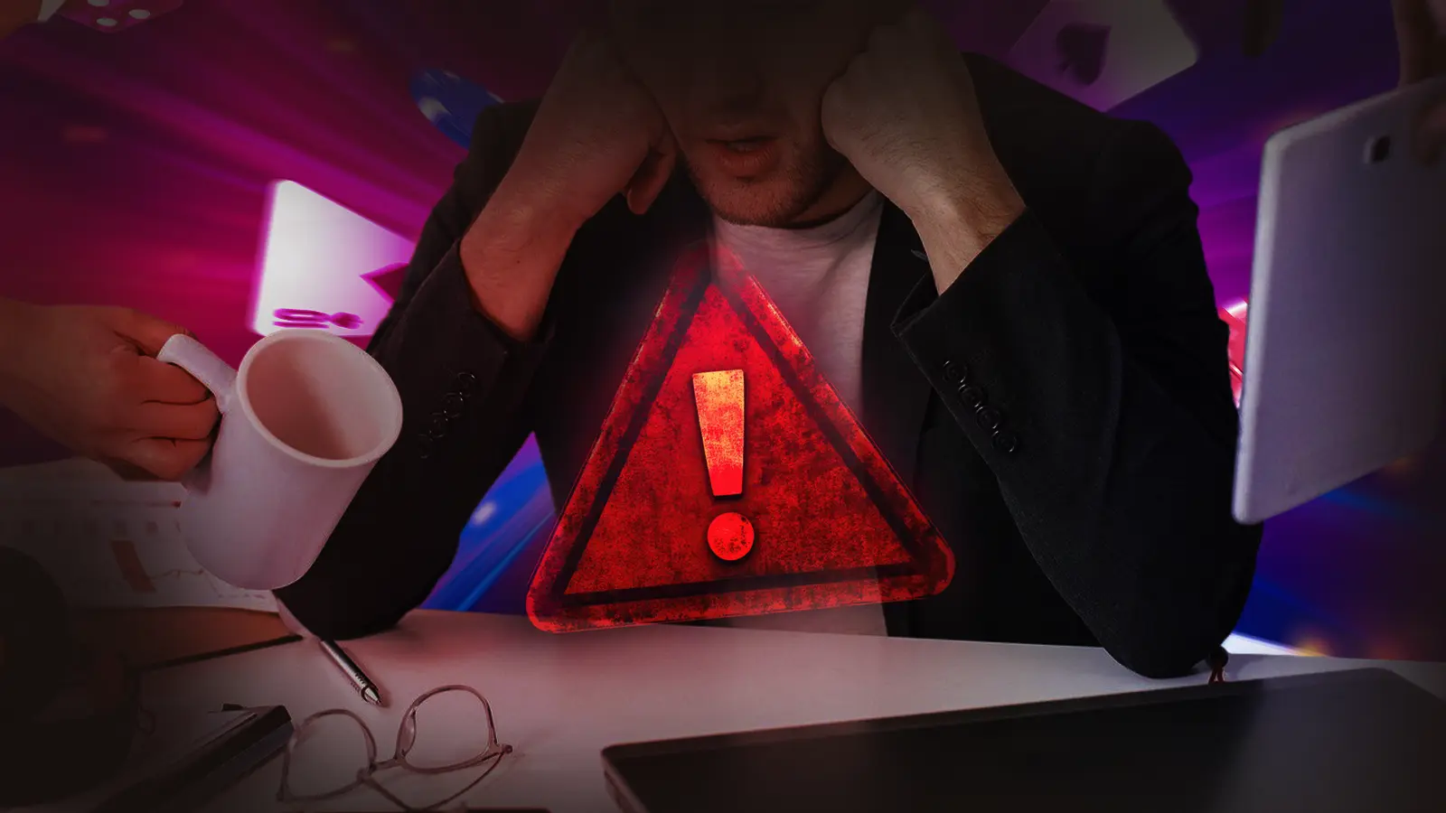 Image depicting behavioral signs of gambling addiction: a person hiding phone in pocket, checking phone constantly, ignoring family members, and a clock showing hours spent gambling