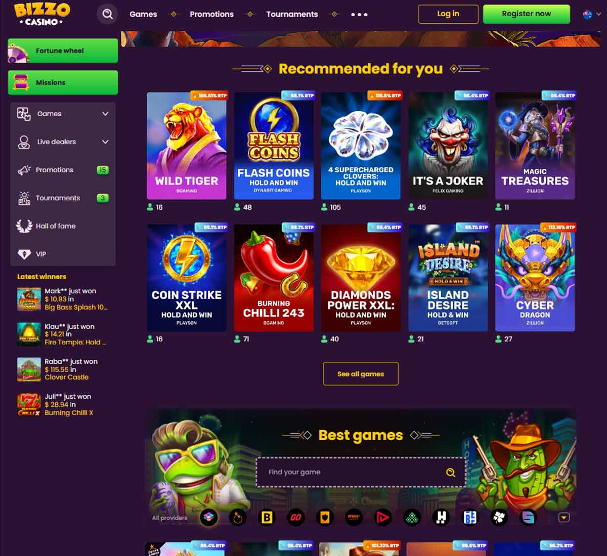 Bizzo Casino desktop homepage screenshot displaying main casino lobby with featured games, promotions and navigation menu   tested
