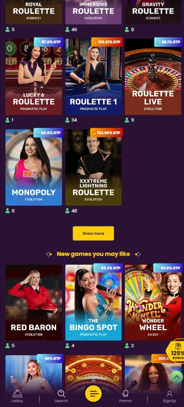 Bizzo Casino mobile live casino interface screenshot showing live dealer tables including blackjack and roulette   tested