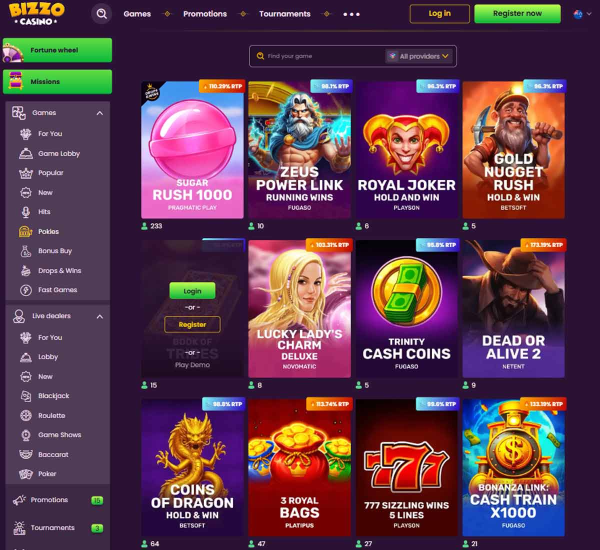 Bizzo Casino desktop slots lobby screenshot presenting variety of slot games with categories and providers   verified