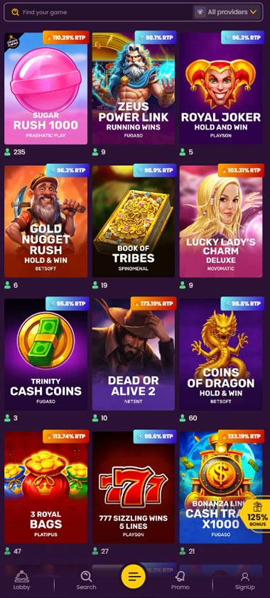 Bizzo Casino mobile slots interface screenshot showing slot game selection with popular titles and filtering options   captured during platform testing