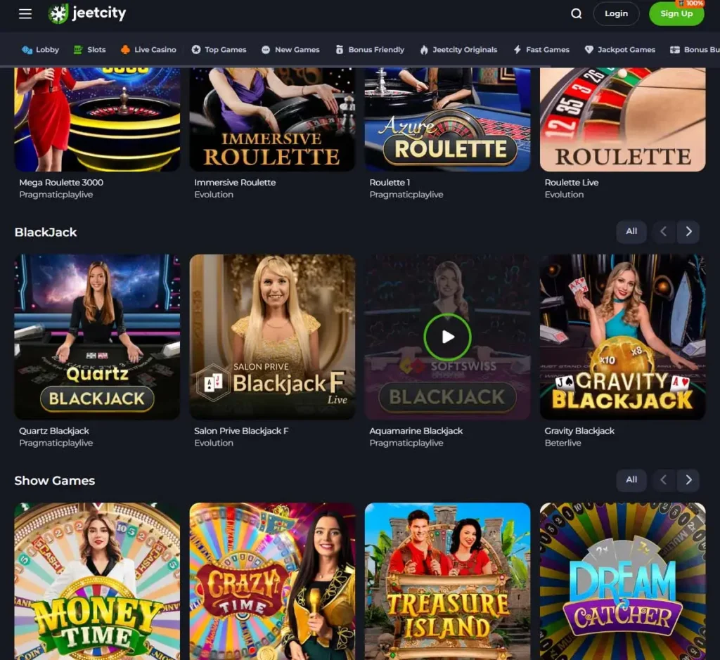 Jeet City Casino desktop live casino lobby screenshot featuring live dealer games and real-time streaming interface - Tested
