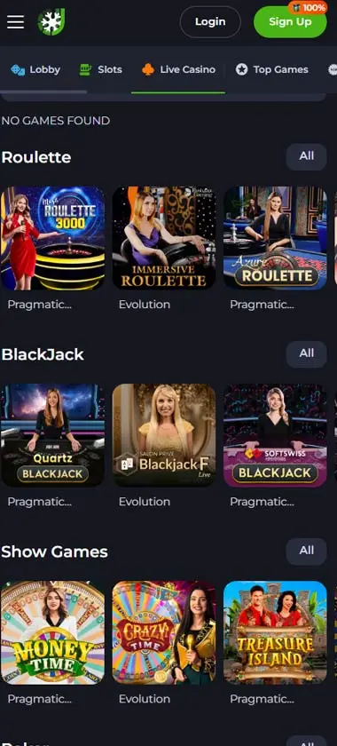 Jeet City Casino mobile live casino interface screenshot showing live dealer tables including blackjack and roulette - Tested