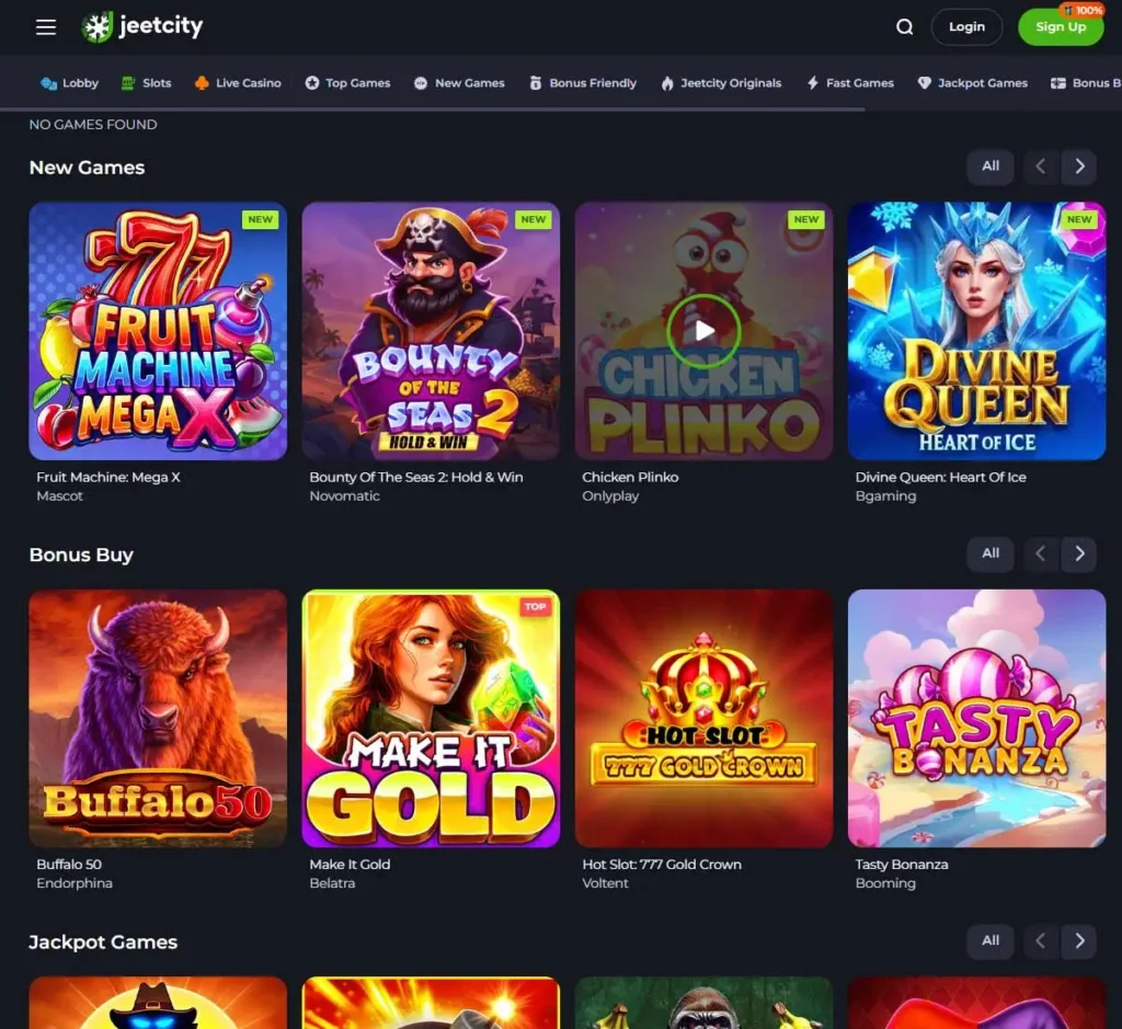 Jeet City Casino desktop slots lobby screenshot presenting variety of slot games with categories and providers - Tested