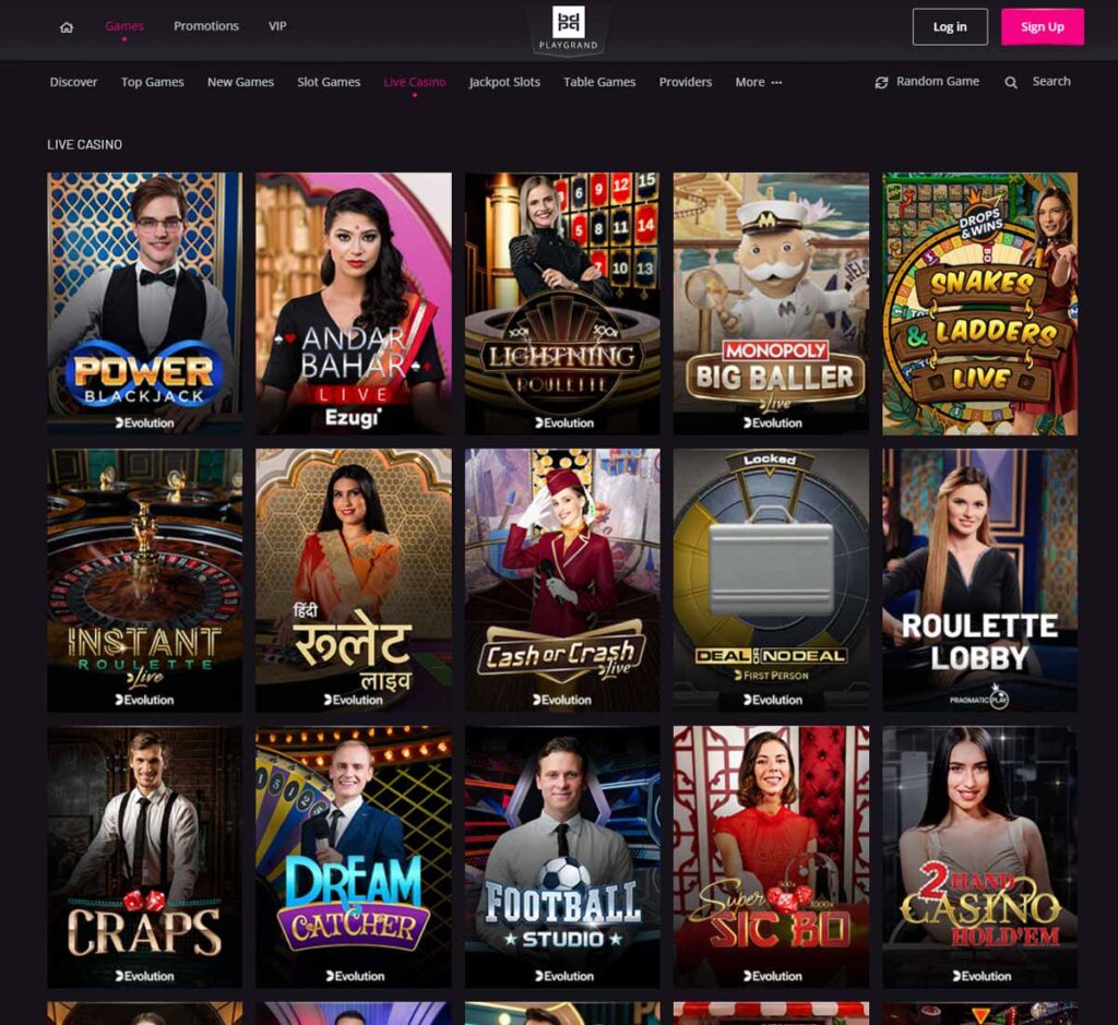 PlayGrand Casino desktop live casino lobby screenshot featuring live dealer games and real-time streaming interface - Tested