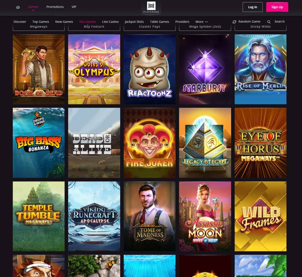 PlayGrand Casino desktop slots lobby screenshot presenting variety of slot games with categories and providers - Tested