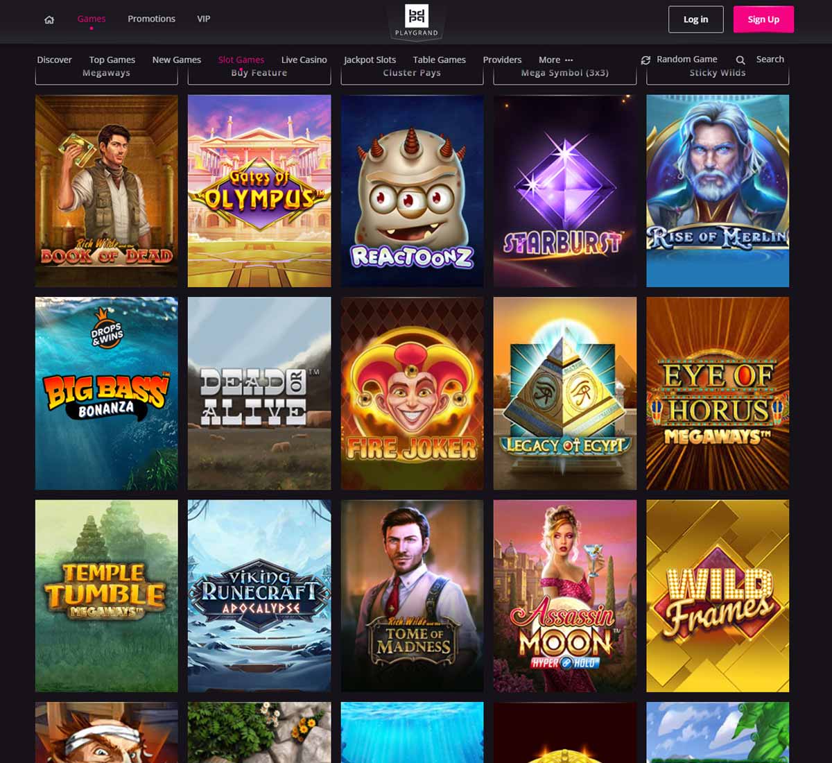 PlayGrand Casino desktop slots lobby screenshot presenting variety of slot games with categories and providers   Tested