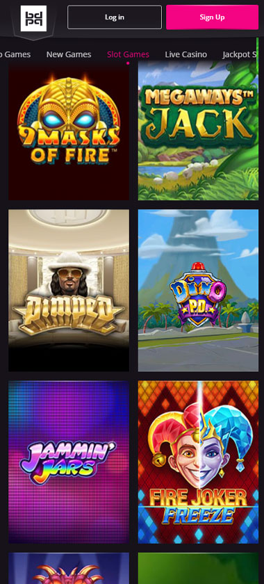 PlayGrand Casino mobile slots interface screenshot showing slot game selection with popular titles and filtering options - Tested