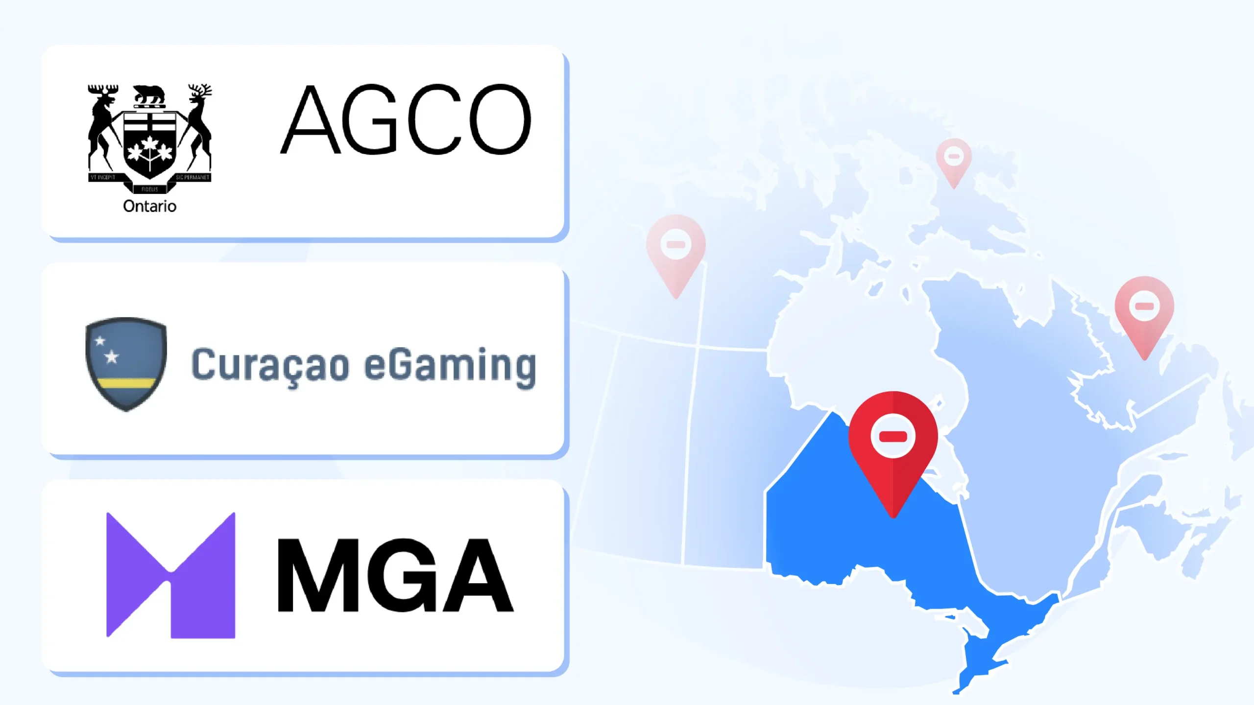 Map of Canada highlighting Ontario with blocked game icons showing licensing restrictions, featuring Marvel and DC branded games unavailable in AGCO-regulated casinos versus offshore operators, with a C$140 monthly cost indicator for restricted game access