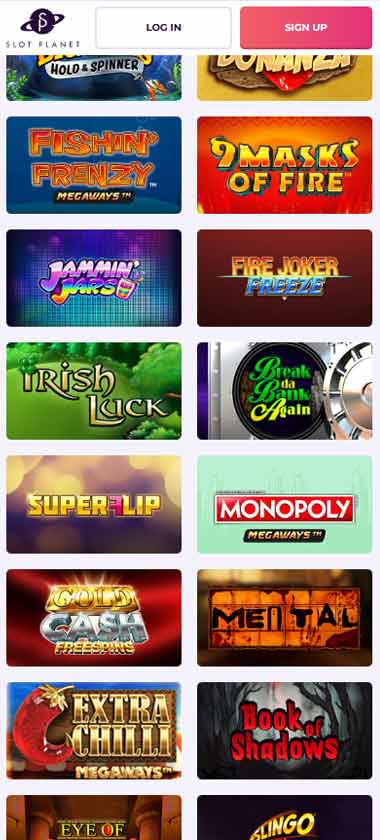 Slot Planet Casino mobile slots interface screenshot showing slot game selection with popular titles and filtering options - Tested