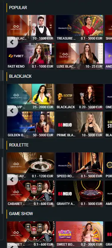 BetAndYou Casino mobile live casino interface screenshot showing live dealer tables including blackjack and roulette   tested
