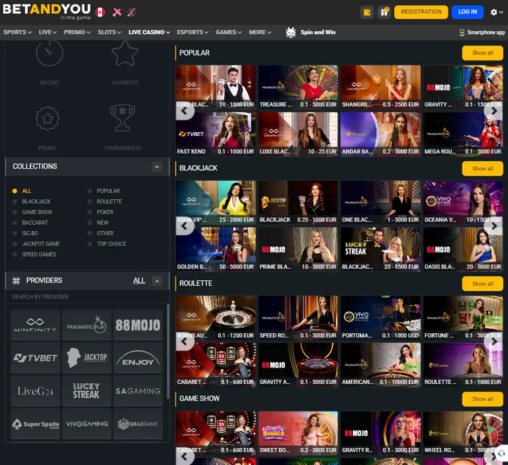 BetAndYou Casino desktop live casino lobby screenshot featuring live dealer games and real time streaming interface   review testing