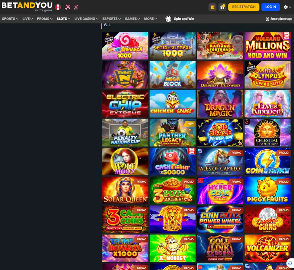 BetAndYou Casino desktop slots lobby screenshot presenting variety of slot games with categories and providers   verified