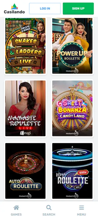 Casilando Casino mobile live casino interface screenshot showing live dealer tables including blackjack and roulette - Tested