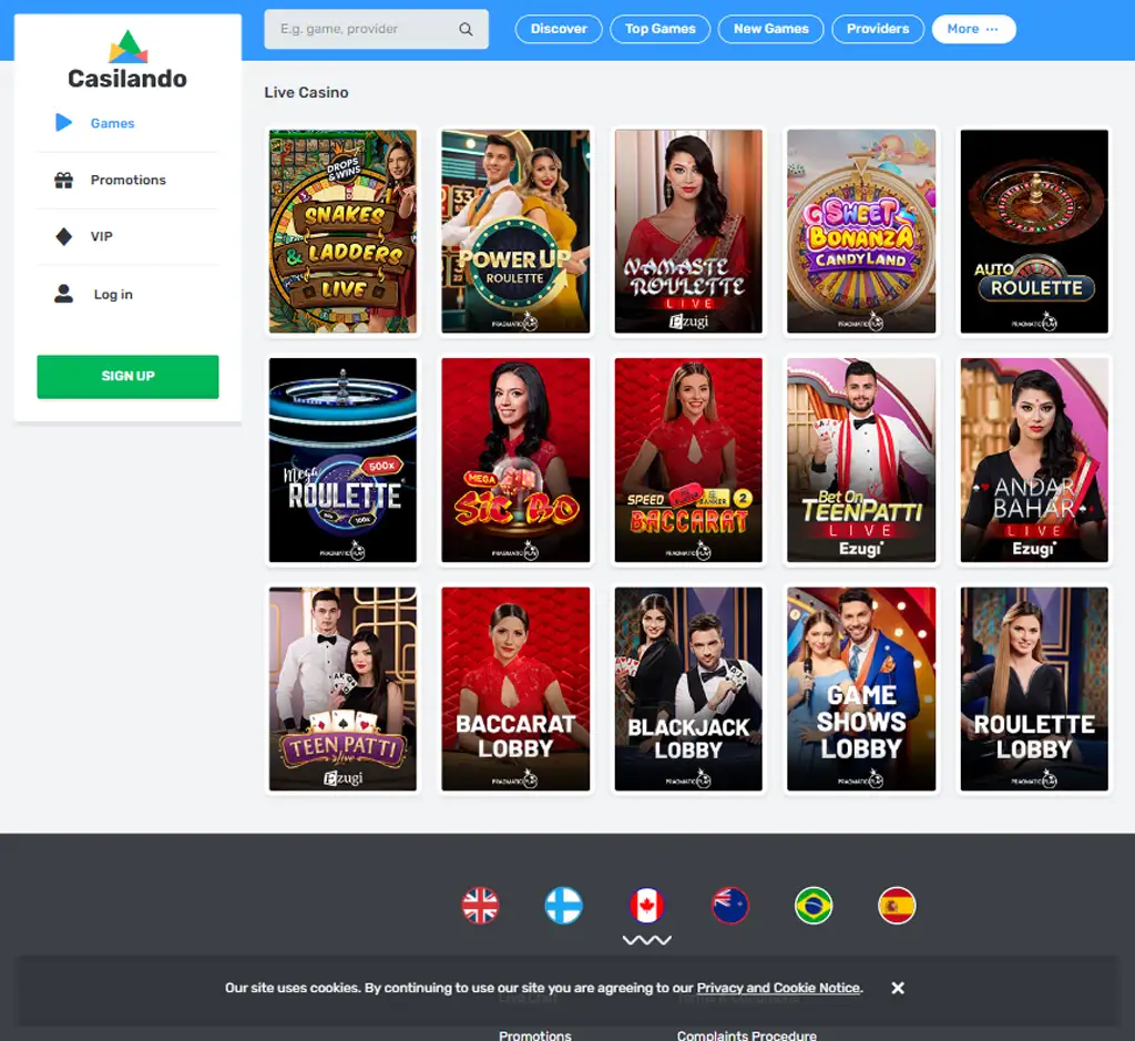 Casilando Casino desktop live casino lobby screenshot featuring live dealer games and real-time streaming interface - Tested