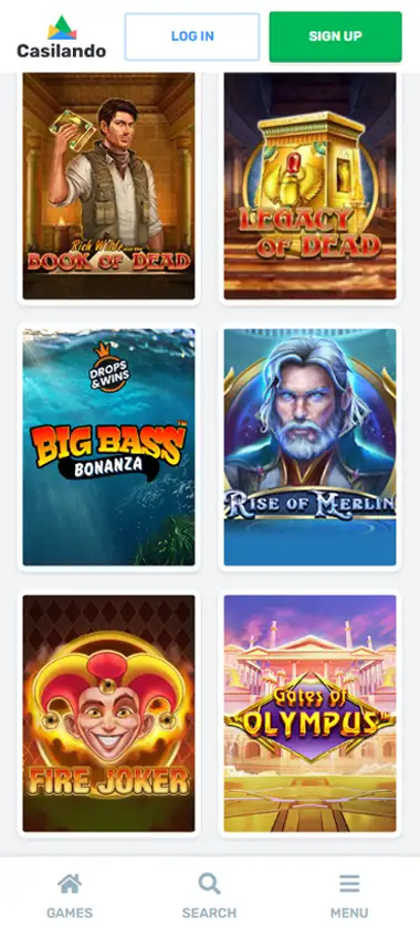 Casilando Casino mobile slots interface screenshot showing slot game selection with popular titles and filtering options - Tested