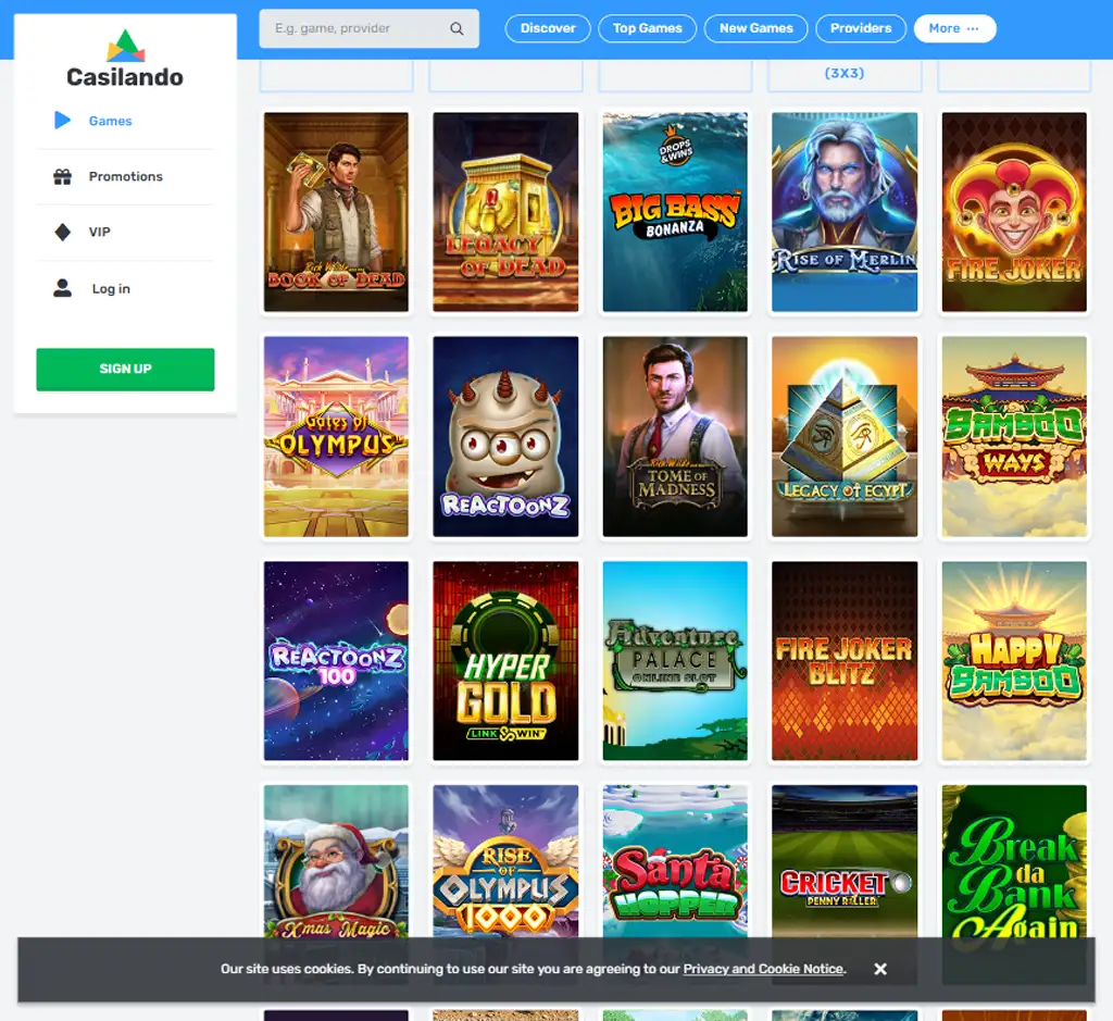 Casilando Casino desktop slots lobby screenshot presenting variety of slot games with categories and providers - Tested