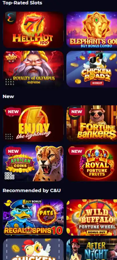 CasinoAndYou mobile slots interface screenshot showing slot game selection with popular titles and filtering options   captured during platform testing