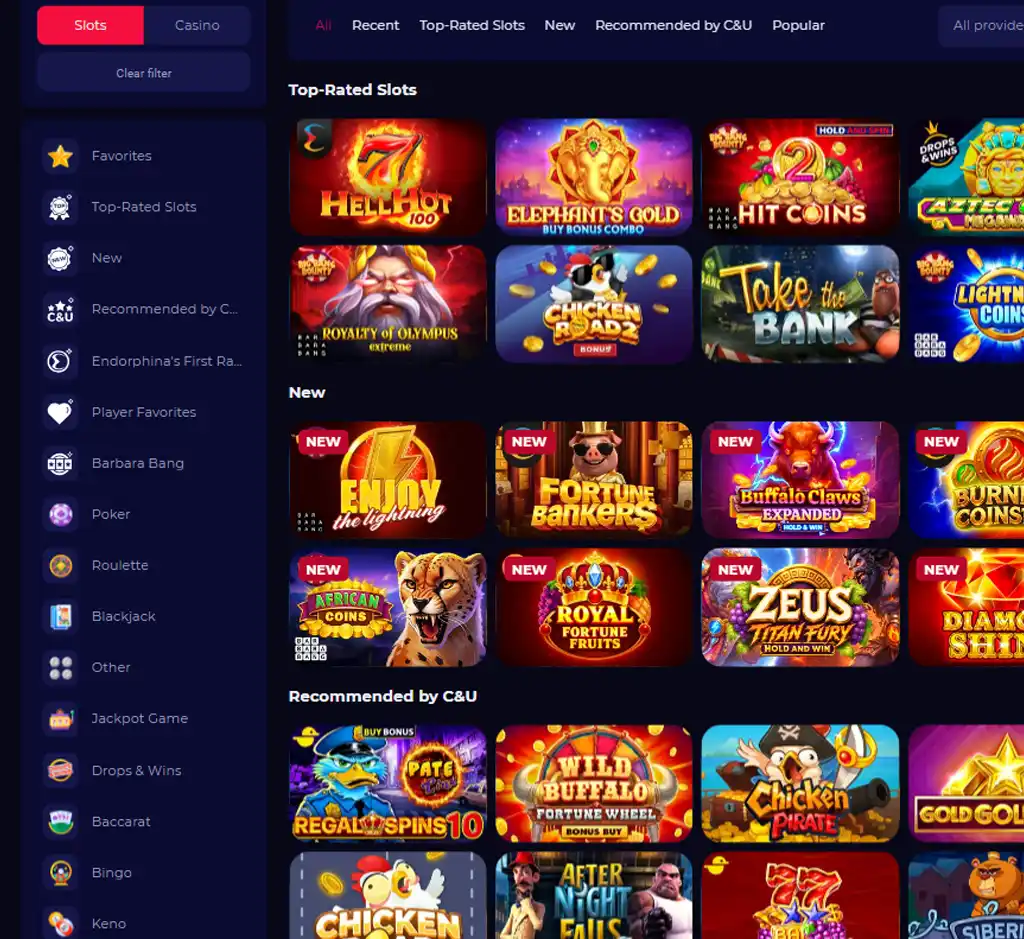 CasinoAndYou desktop slots lobby screenshot presenting variety of slot games with categories and providers   verified