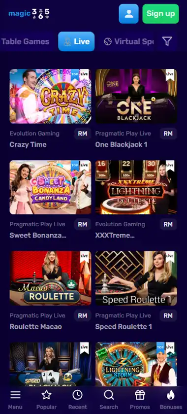 Magic 365 Casino mobile live casino interface screenshot showing live dealer tables including blackjack and roulette - Tested