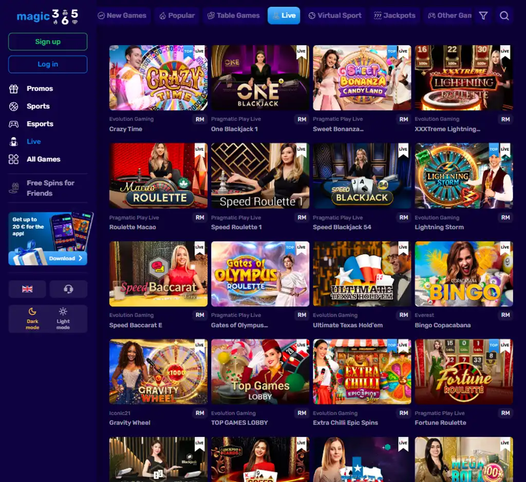 Magic 365 Casino desktop live casino lobby screenshot featuring live dealer games and real-time streaming interface - Tested