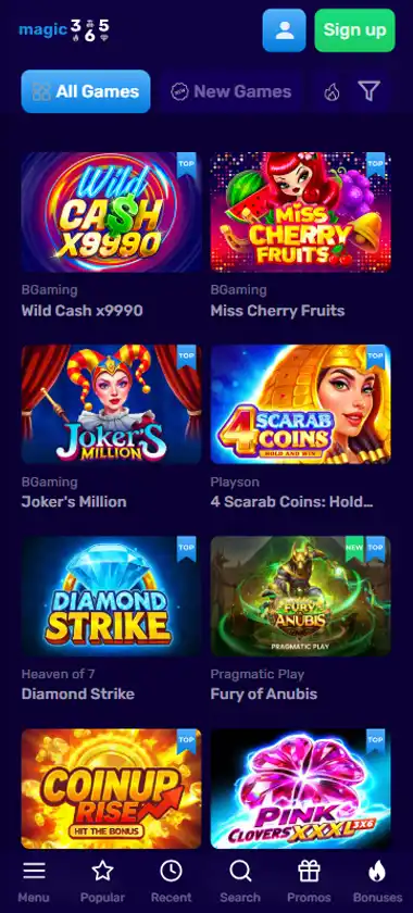 Magic 365 Casino mobile slots interface screenshot showing slot game selection with popular titles and filtering options - Tested
