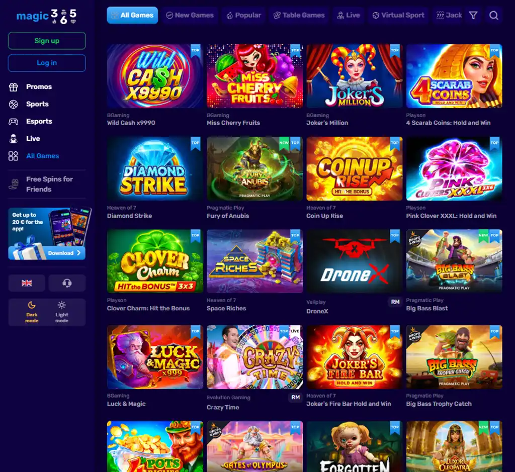Magic 365 Casino desktop slots lobby screenshot presenting variety of slot games with categories and providers - Tested