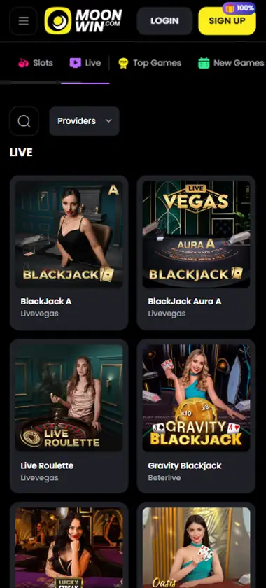 Moon Win Casino mobile live casino interface screenshot showing live dealer tables including blackjack and roulette - tested