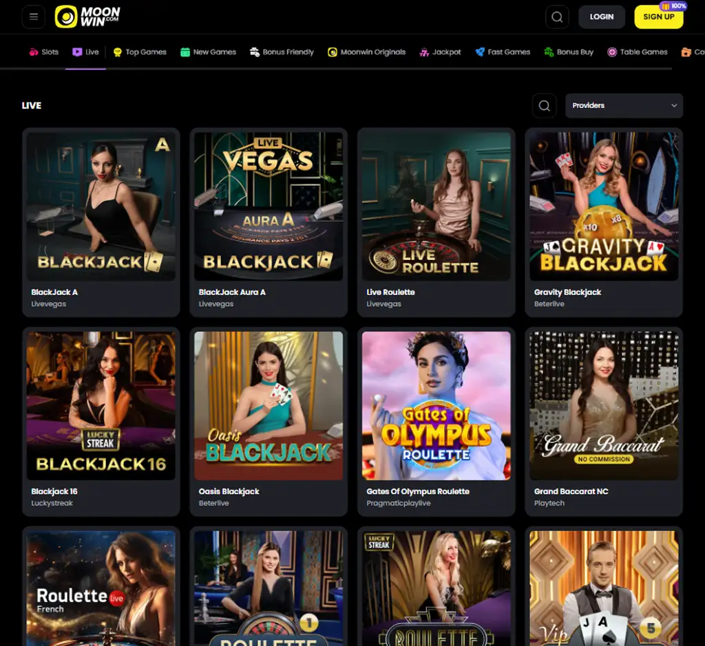 Moon Win Casino desktop live casino lobby screenshot featuring live dealer games and real-time streaming interface - review testing
